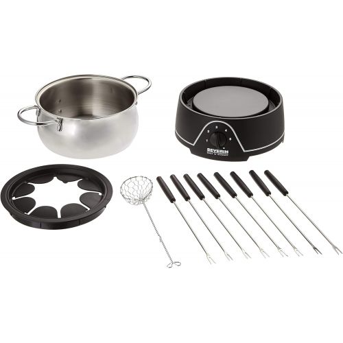  SEVERIN Fondue mit abnehmbarem Edelstahltopf, ca. 800 W, Inkl. Spritzschutz, 8 Fondue-Gabeln und -Sieb, FO 9468