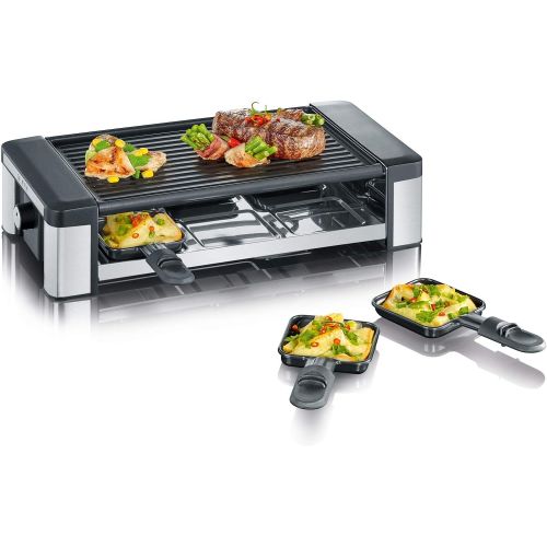  SEVERIN RG 2676 Raclette-Partygrill mit Wendegussplatte (800 W, Inkl. 6 Pfannchen und Holzschabern)