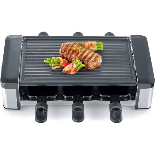  SEVERIN RG 2676 Raclette-Partygrill mit Wendegussplatte (800 W, Inkl. 6 Pfannchen und Holzschabern)