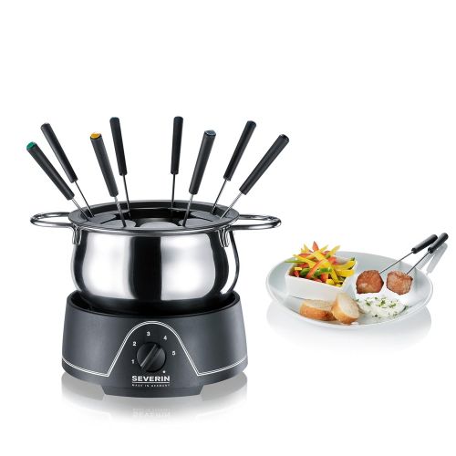  SEVERIN Fondue mit abnehmbarem Edelstahltopf, ca. 800 W, Inkl. Spritzschutz und 8 Fondue-Gabeln, FO 2400