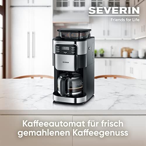  SEVERIN Kaffeeautomat mit Mahlwerk, Fuer Kaffeebohnen und Filterkaffee, Timerfunktion, Automatische Abschaltung, 10 Tassen, KA 4810, Edelstahl/Schwarz