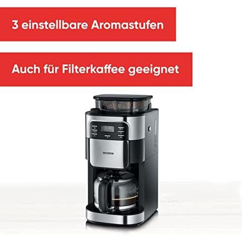  SEVERIN Kaffeeautomat mit Mahlwerk, Fuer Kaffeebohnen und Filterkaffee, Timerfunktion, Automatische Abschaltung, 10 Tassen, KA 4810, Edelstahl/Schwarz