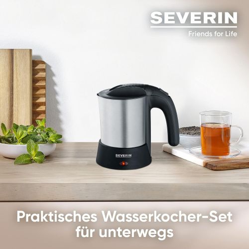  Severin SEVERIN WK 3646 Reise-Wasserkocher-Set (ca. 1000 W, 0,5 L, Inkl. 2 Kunststofftassen, Loeffel und Reisetasche) edelstahl/schwarz