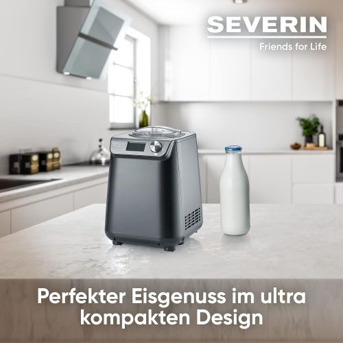  SEVERIN EZ 7407 Kompakt-Eismaschine mit Kompressor, 1.2l Fassungsvermoegen, hochwertiges Gehause mit Edelstahl-Applikation, innovative Joghurt-Funktion, 1.2 liters, Silber gebuerstet