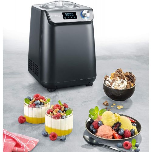  SEVERIN EZ 7407 Kompakt-Eismaschine mit Kompressor, 1.2l Fassungsvermoegen, hochwertiges Gehause mit Edelstahl-Applikation, innovative Joghurt-Funktion, 1.2 liters, Silber gebuerstet