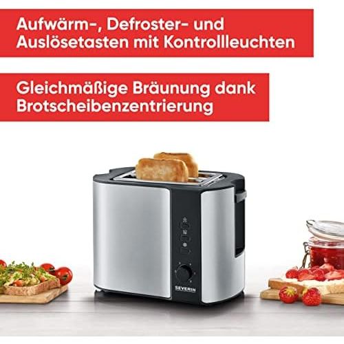  Severin SEVERIN Automatik-Toaster, 2 Langschlitzkammern, Fuer bis zu 4 Brotscheiben, 1.400 W, AT 2590, Edelstahl/Schwarz