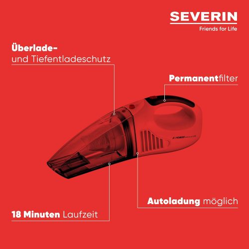  SEVERIN Severin HV 7144, Nass/Trocken-Handsauger, 7,4V Lithium-Ionen Akku, Inklusive 12V-Autoladekabel und 3 Aufsatzen, S´POWER home & car Li 20, Weiss/Rot