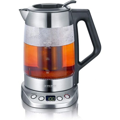  SEVERIN Glas-Tee-/Wasserkocher Deluxe, Mit Temperaturregler (Fuer 1,7 L Wasser/1,5 L Tee, ca. 3.000 W, WK 3479) edelstahl/schwarz