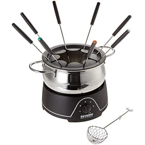  SEVERIN Fondue mit abnehmbarem Edelstahltopf, ca. 800 W, Inkl. Spritzschutz, 8 Fondue-Gabeln und -Sieb, FO 9468