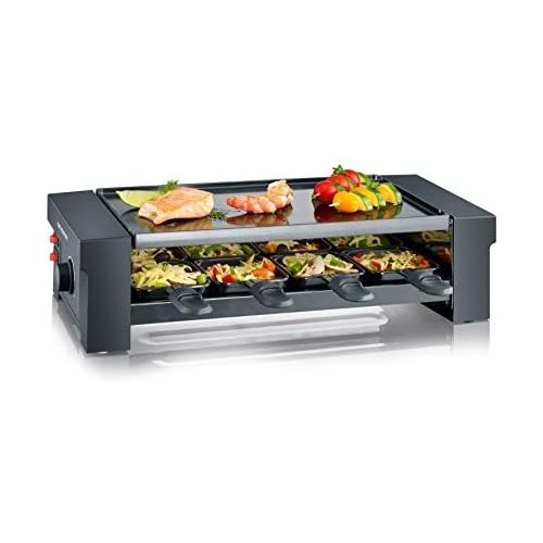  SEVERIN Pizza-Raclette Grill mit Wendegrillplatte, ca. 1.150 W, Inkl. 8 Pfannchen, Pizzateigausstecher und 8 Holzspachteln, RG 2687