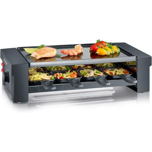  SEVERIN Pizza-Raclette Grill mit Wendegrillplatte, ca. 1.150 W, Inkl. 8 Pfannchen, Pizzateigausstecher und 8 Holzspachteln, RG 2687