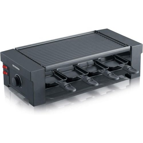  SEVERIN Pizza-Raclette Grill mit Wendegrillplatte, ca. 1.150 W, Inkl. 8 Pfannchen, Pizzateigausstecher und 8 Holzspachteln, RG 2687