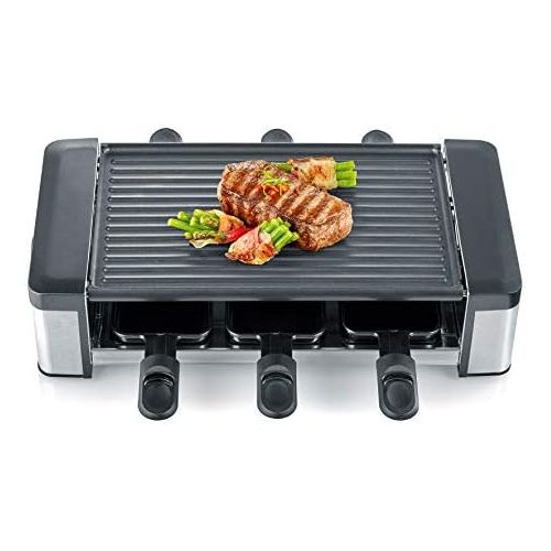  SEVERIN RG 2676 Raclette-Partygrill mit Wendegussplatte (800 W, Inkl. 6 Pfannchen und Holzschabern)