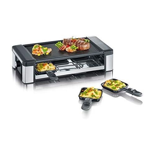  SEVERIN RG 2676 Raclette-Partygrill mit Wendegussplatte (800 W, Inkl. 6 Pfannchen und Holzschabern)