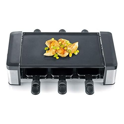  SEVERIN RG 2676 Raclette-Partygrill mit Wendegussplatte (800 W, Inkl. 6 Pfannchen und Holzschabern)