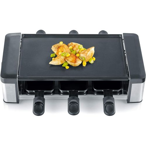  SEVERIN RG 2676 Raclette-Partygrill mit Wendegussplatte (800 W, Inkl. 6 Pfannchen und Holzschabern)