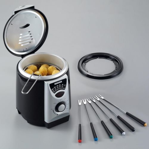  [아마존베스트]SEVERIN FR 2408 2-in-1 Mini Deep Fryer with Fondue Set including 6 Fondue Forks - Mini Fryer for 200g Deep-Fried Food - 840W - Silver / Black