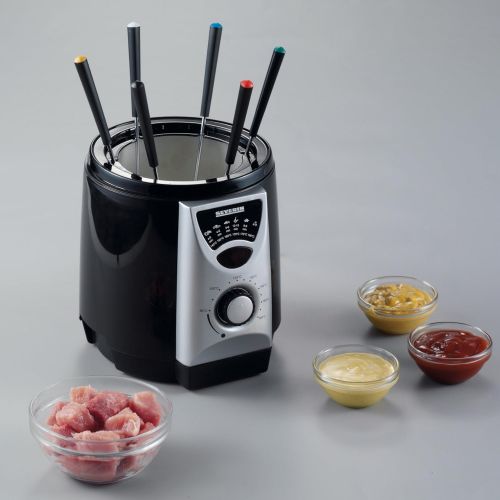  [아마존베스트]SEVERIN FR 2408 2-in-1 Mini Deep Fryer with Fondue Set including 6 Fondue Forks - Mini Fryer for 200g Deep-Fried Food - 840W - Silver / Black