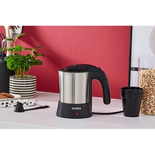  [아마존베스트]SEVERIN WK 3646 travel kettle set (approx. 1000 W, 0.5 L, including 2 plastic cups, spoon and travel bag) stainless steel / black