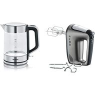 SEVERIN 3420 000 WK 3420 kettle, 2200, 1.7 litres, glass/stainless steel brushed/black and hand mixer with spiral cable, approx. 400 W, HM 3832, silver/black