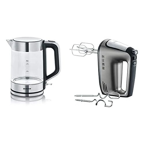  SEVERIN 3420 000 WK 3420 kettle, 2200, 1.7 litres, glass/stainless steel brushed/black and hand mixer with spiral cable, approx. 400 W, HM 3832, silver/black