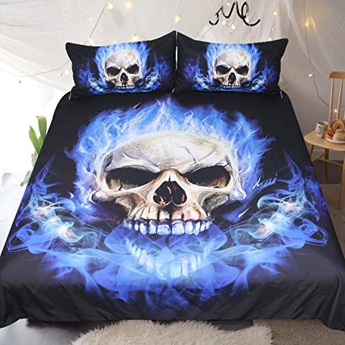  SEWCOLORS Best Quality - Bedding Sets - Flame Skull Bedding Set 3D Print Gothic Duvet Cover Blue Bedclothes Fashion Home Textiles for Boys Size AU Single