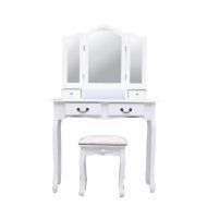 SF Tenozek Tri-fold Mirror 4-Drawer Dresser Dressing Table with Dressing Stool White