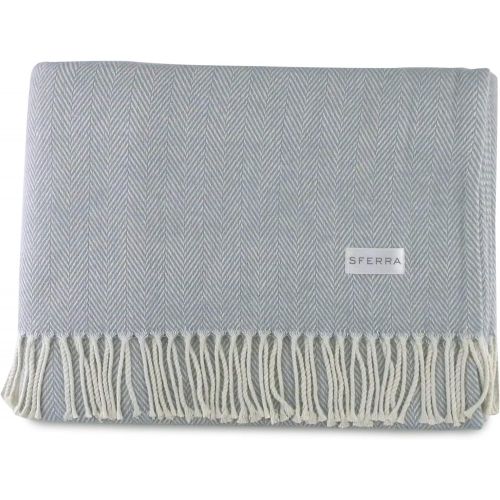 Sferra Celine Herringbone, 100% Cotton Throw Blanket - Slate Blue