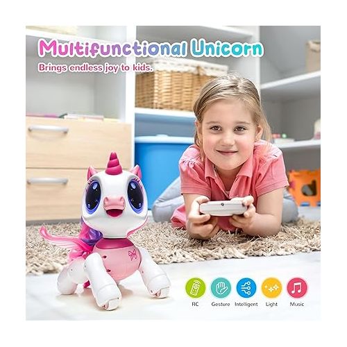  SGILE Unicorn Toy for Girls Robot Pet for Kids Age 3 4 5 6 7 8 Years with Music Dance Walk and Interactive Gesture Sense Program Treats, Preschool STEM Learning Remote Control Toy for Toddler Pink