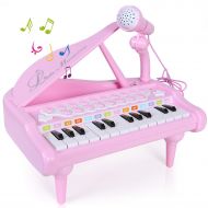 SGILE Piano Keyboard Toy with Microphone, 24 Keys Musical Learn-to-Play Piano for Kids Girl Toddlers Singing Music Development, Audio Link Mobile MP3 IPad PC, Pink