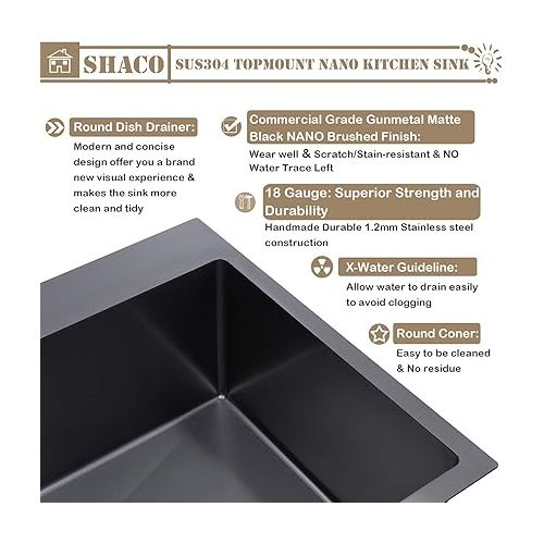  SHACO 33 Inch Black Kitchen Sink Drop In, 33x22 Large Top Mount Gunmetal Black Farmhouse Sink, Single Bowl Basin 16 Gauge SUS304 Stainless Steel Wet Bar Prep Sink