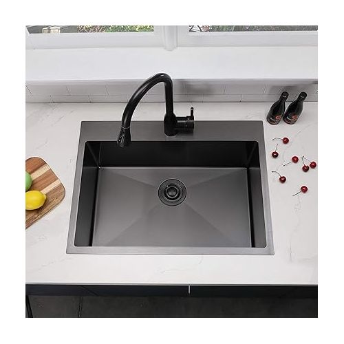  SHACO 33 Inch Black Kitchen Sink Drop In, 33x22 Large Top Mount Gunmetal Black Farmhouse Sink, Single Bowl Basin 16 Gauge SUS304 Stainless Steel Wet Bar Prep Sink