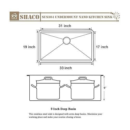  SHACO 33 Inch Black Undermount Kitchen Sink, 33x19 Gunmetal Black Stainless Steel Workstation Sink, Single Bowl Basin Wet Prep Undermount Kitchen Sink with Cutting Board