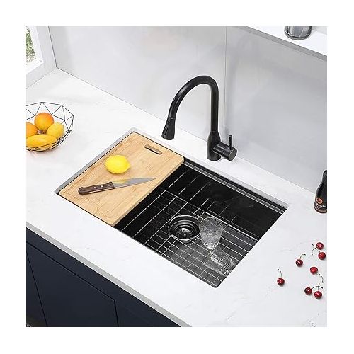  SHACO 33 Inch Black Undermount Kitchen Sink, 33x19 Gunmetal Black Stainless Steel Workstation Sink, Single Bowl Basin Wet Prep Undermount Kitchen Sink with Cutting Board