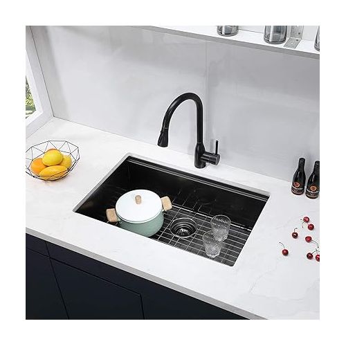  SHACO 33 Inch Black Undermount Kitchen Sink, 33x19 Gunmetal Black Stainless Steel Workstation Sink, Single Bowl Basin Wet Prep Undermount Kitchen Sink with Cutting Board