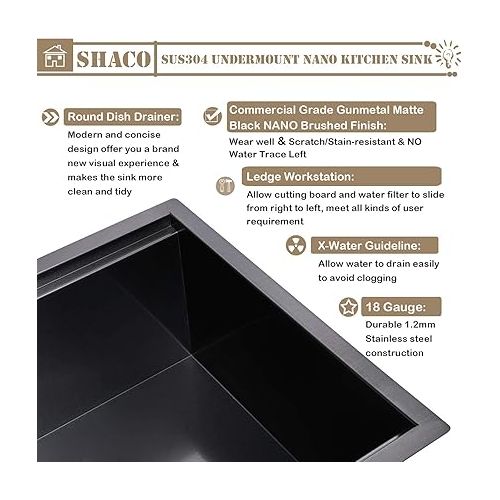  SHACO 33 Inch Black Undermount Kitchen Sink, 33x19 Gunmetal Black Stainless Steel Workstation Sink, Single Bowl Basin Wet Prep Undermount Kitchen Sink with Cutting Board