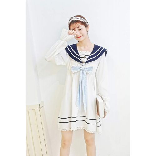  SHANSHAN Woman’s Sailor Dress Blue Nautical Dress Anime Kawaii Long Sleeve Sweet Lolita Dress with Bow Tie (S-3XL)