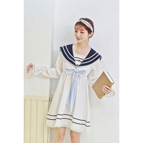  SHANSHAN Woman’s Sailor Dress Blue Nautical Dress Anime Kawaii Long Sleeve Sweet Lolita Dress with Bow Tie (S-3XL)