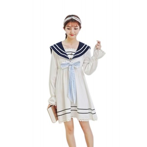  SHANSHAN Woman’s Sailor Dress Blue Nautical Dress Anime Kawaii Long Sleeve Sweet Lolita Dress with Bow Tie (S-3XL)