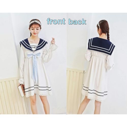  SHANSHAN Woman’s Sailor Dress Blue Nautical Dress Anime Kawaii Long Sleeve Sweet Lolita Dress with Bow Tie (S-3XL)