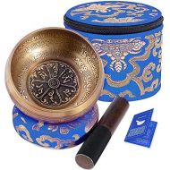 SHANSHUI 5 inch Tibetan Singing Bowl, Nepal Antique Mantra Carving Hand Hammered Sound Bowl Set For Yoga Chakras Healing Meditation Zen With Leather Striker -Blue명상종 싱잉볼