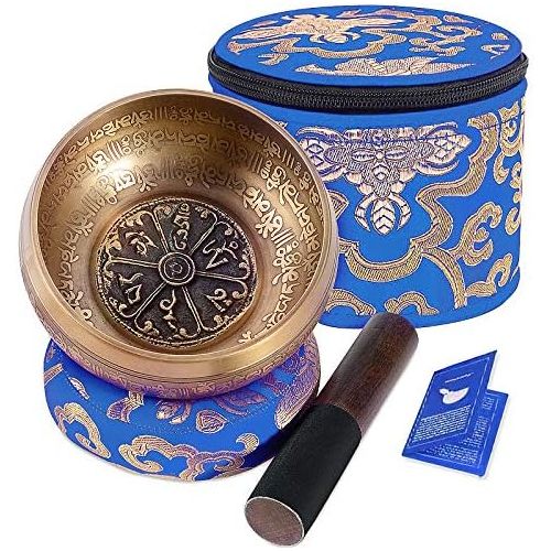  SHANSHUI 5 inch Tibetan Singing Bowl, Nepal Antique Mantra Carving Hand Hammered Sound Bowl Set For Yoga Chakras Healing Meditation Zen With Leather Striker -Blue명상종 싱잉볼