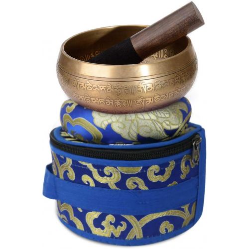  SHANSHUI 5 inch Tibetan Singing Bowl, Nepal Antique Mantra Carving Hand Hammered Sound Bowl Set For Yoga Chakras Healing Meditation Zen With Leather Striker -Blue명상종 싱잉볼