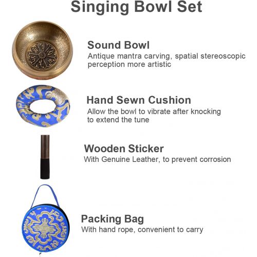  SHANSHUI 5 inch Tibetan Singing Bowl, Nepal Antique Mantra Carving Hand Hammered Sound Bowl Set For Yoga Chakras Healing Meditation Zen With Leather Striker -Blue명상종 싱잉볼