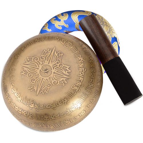  SHANSHUI 5 inch Tibetan Singing Bowl, Nepal Antique Mantra Carving Hand Hammered Sound Bowl Set For Yoga Chakras Healing Meditation Zen With Leather Striker -Blue명상종 싱잉볼