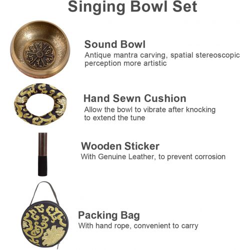  SHANSHUI 5 Tibetan Singing Bowl Set, Nepal Antique Bronze Mantra Carving Hand Hammered, Sound For Yoga Chakras Healing Meditation Zen With Leather Striker Surface Mallet and Silk C명상종 싱잉볼