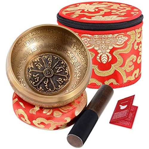  SHANSHUI Singing Bowl, 5 inch Meditation Tibetan Set, Nepal Antique Mantra Carving Hand Hammered, Sound For Yoga Chakras Healing Meditation -Red명상종 싱잉볼