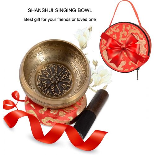  SHANSHUI Singing Bowl, 5 inch Meditation Tibetan Set, Nepal Antique Mantra Carving Hand Hammered, Sound For Yoga Chakras Healing Meditation -Red명상종 싱잉볼