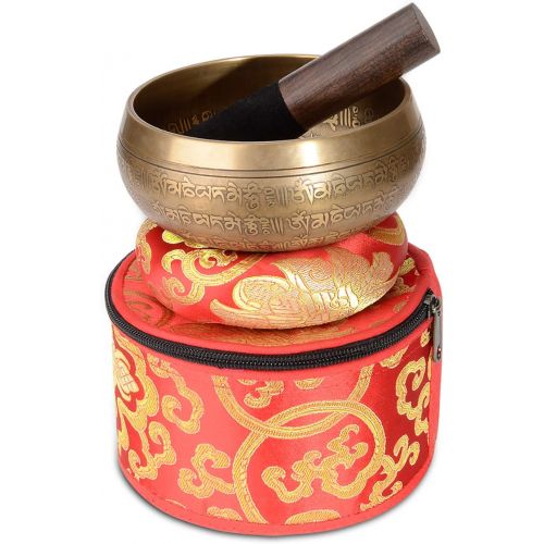  SHANSHUI Singing Bowl, 5 inch Meditation Tibetan Set, Nepal Antique Mantra Carving Hand Hammered, Sound For Yoga Chakras Healing Meditation -Red명상종 싱잉볼