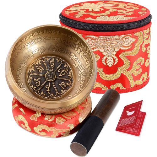  SHANSHUI Singing Bowl, 5 inch Meditation Tibetan Set, Nepal Antique Mantra Carving Hand Hammered, Sound For Yoga Chakras Healing Meditation -Red명상종 싱잉볼